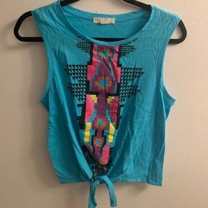 Blue Geometric Print Tie-Front Top